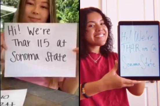 Dance students holding signs introducing their class "Hi! We're THAR 115 at Sonoma State"