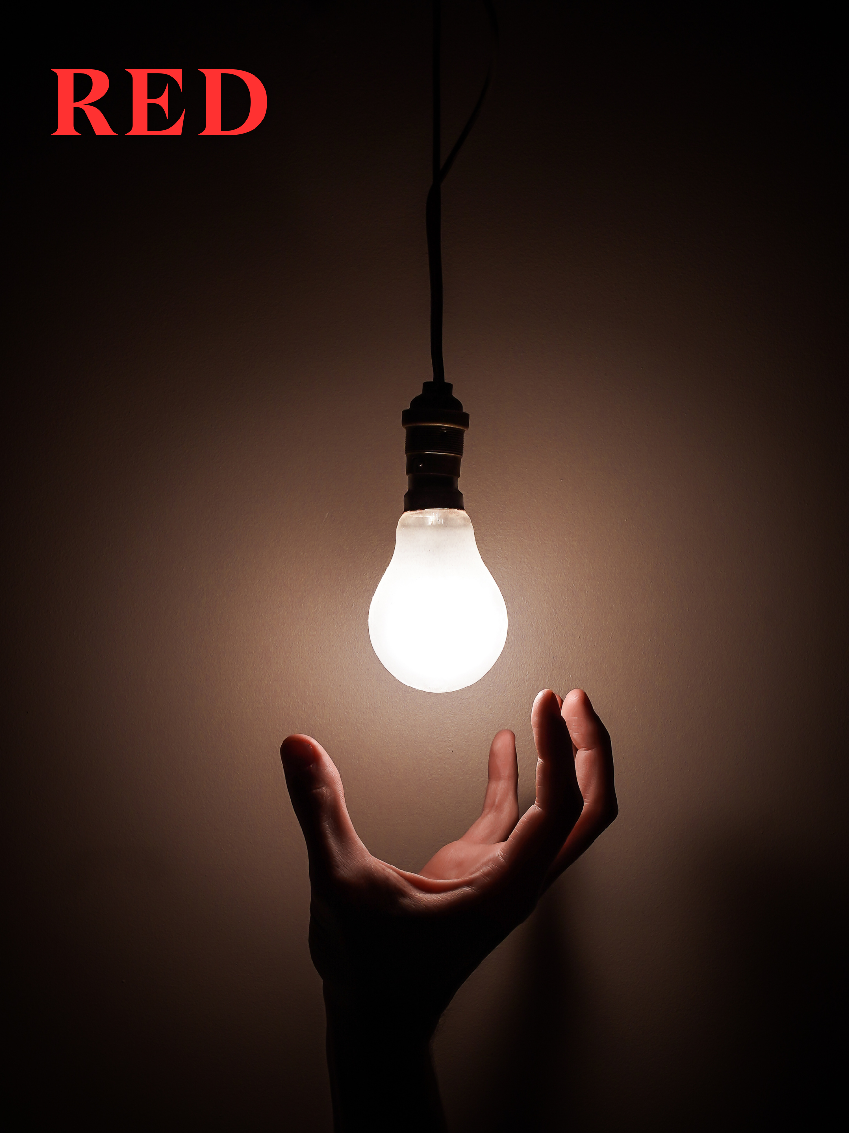 "Red" poster hand reaching for lit lightbulb hanging from ceiling