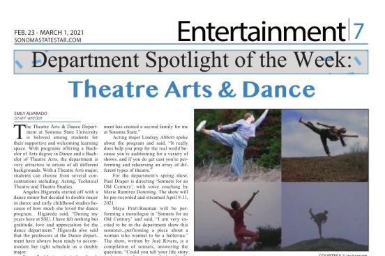 Theatre Arts & Dance featured spotlight in the SSU STAR