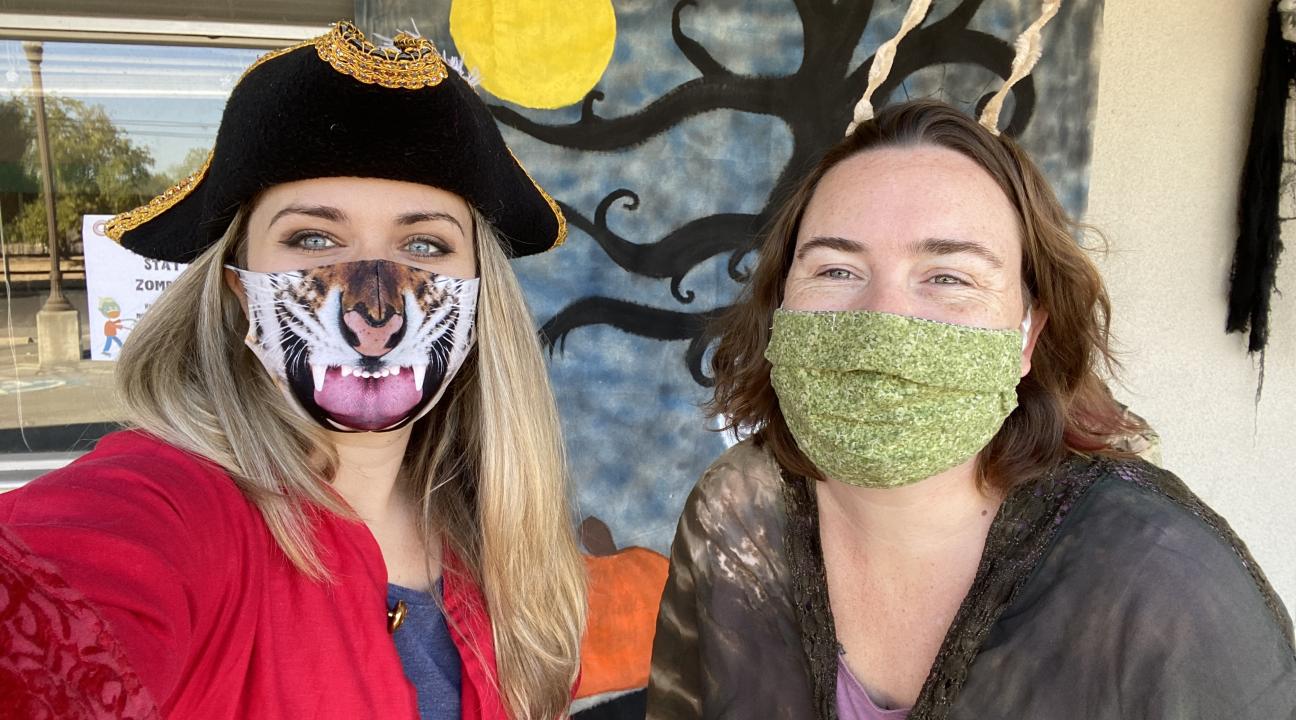 Ashley Kimball and business partner Vanessa in masks 
