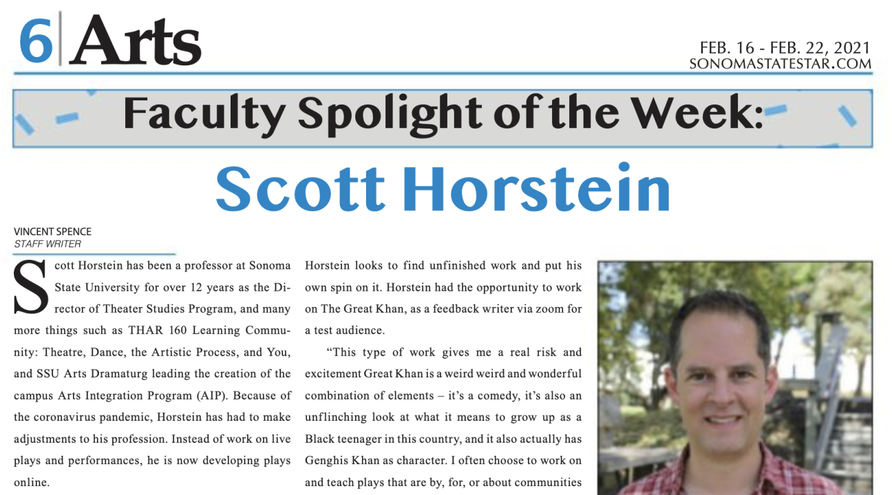 Partial News Clipping of Faculty Spotlight On Scott Horstein from Sonoma State Star