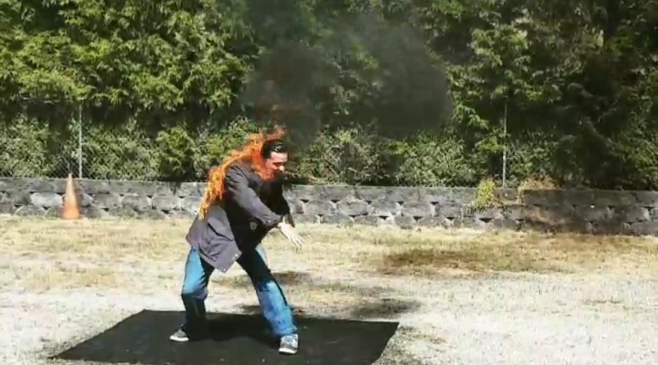 Glenn Davy on fire for a stunt