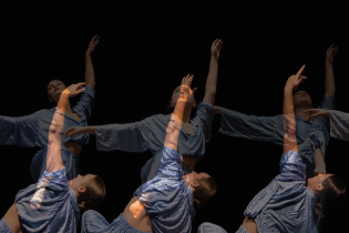 overlay of pictures of dancers in blue outfits with arms extended