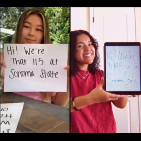 Dance students holding signs introducing their class "Hi! We're THAR 115 at Sonoma State"