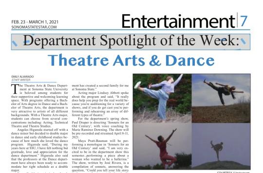 Theatre Arts & Dance featured spotlight in the SSU STAR