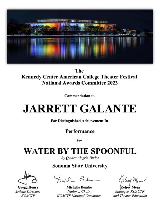 The Kennedy Center American College Theater Festival National Awards Committee Award for Jarrett Galante